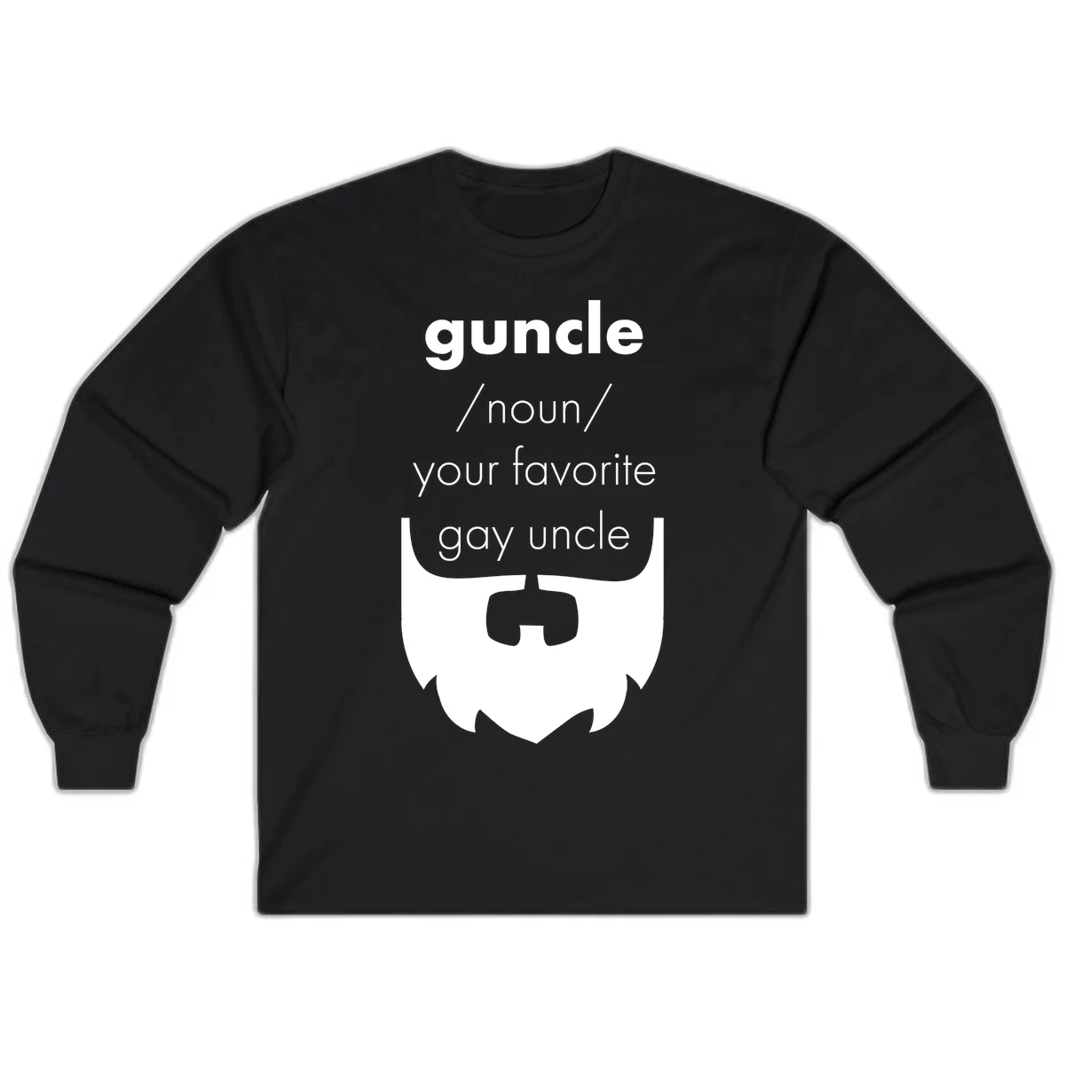 Guncle definition design: white bearded shield badge on gray background with text defining guncle as your favorite gay uncle in Black
