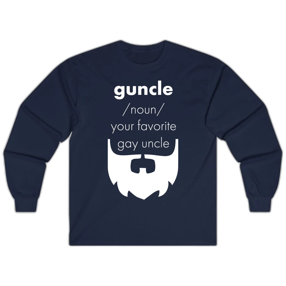 Guncle definition design: white bearded shield badge on gray background with text defining guncle as your favorite gay uncle in Navy