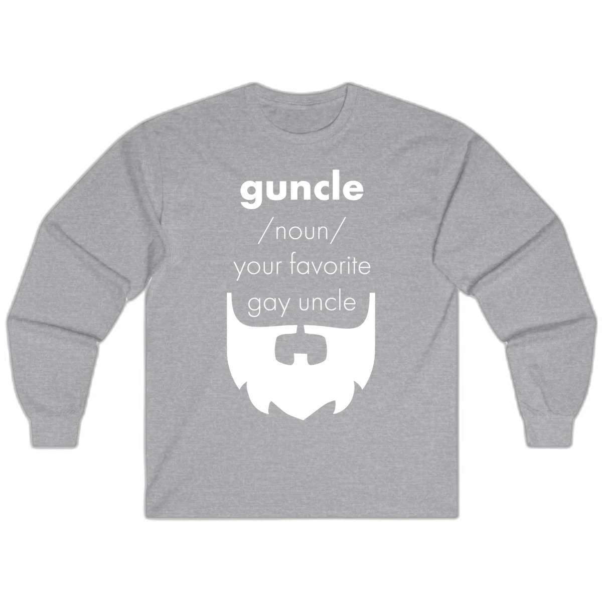 Guncle definition design: white bearded shield badge on gray background with text defining guncle as your favorite gay uncle in Sport Grey