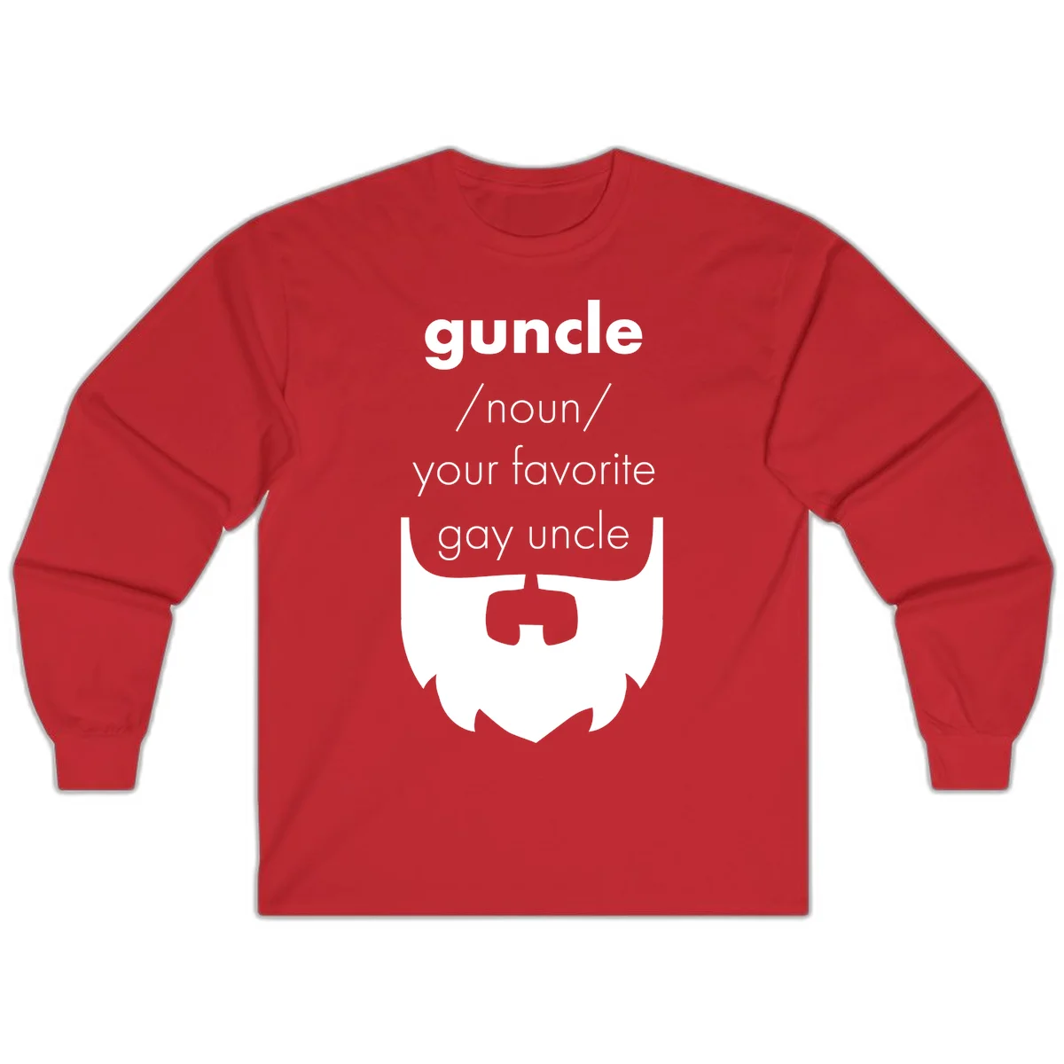 Guncle definition design: white bearded shield badge on gray background with text defining guncle as your favorite gay uncle in Red
