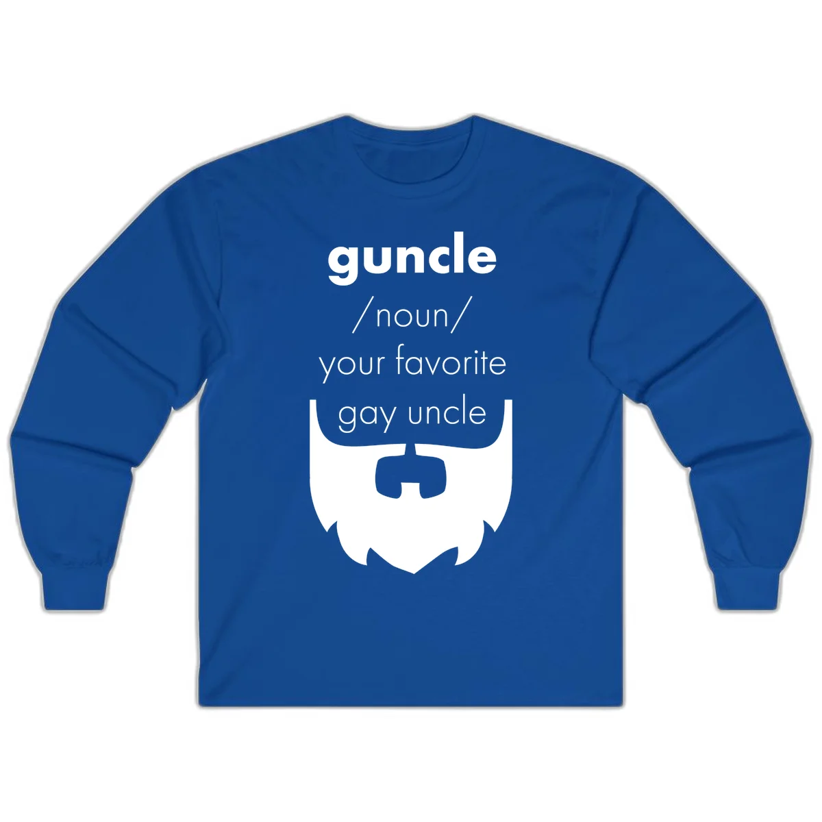 Guncle definition design: white bearded shield badge on gray background with text defining guncle as your favorite gay uncle in Royal