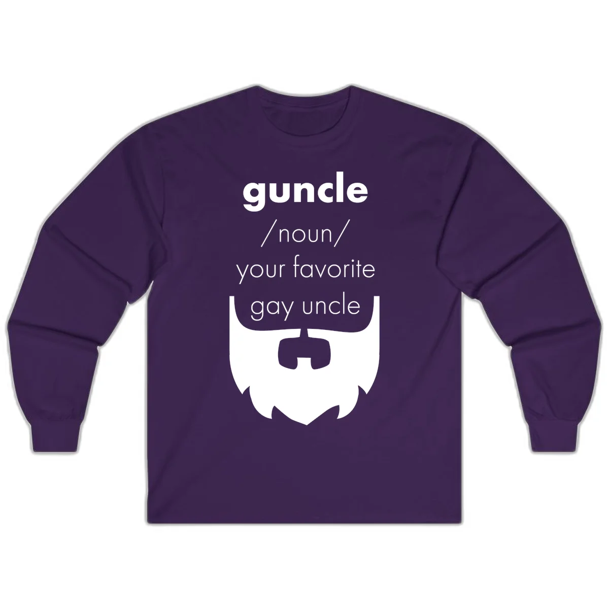 Guncle definition design: white bearded shield badge on gray background with text defining guncle as your favorite gay uncle in Purple