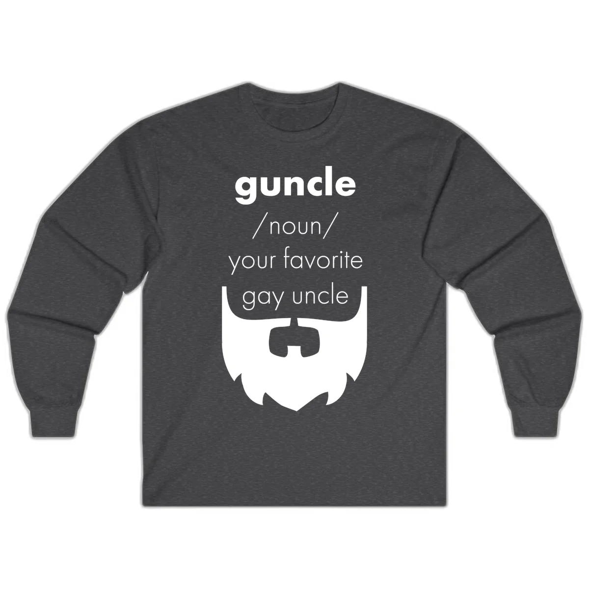 Guncle definition design: white bearded shield badge on gray background with text defining guncle as your favorite gay uncle in Dark Heather