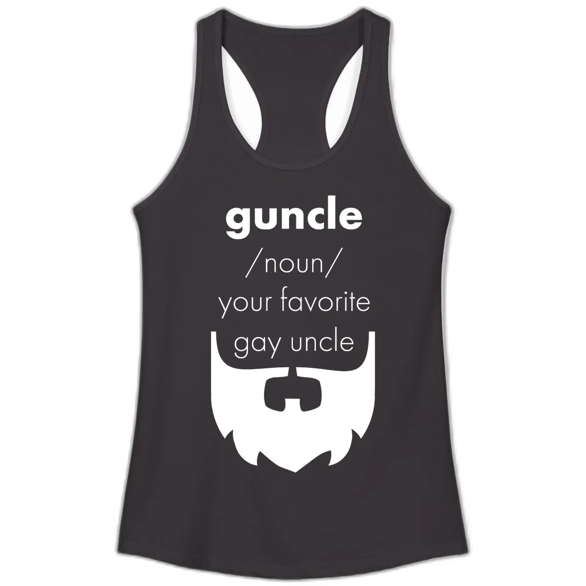 Guncle definition design: white bearded shield badge on gray background with text defining guncle as your favorite gay uncle in Black