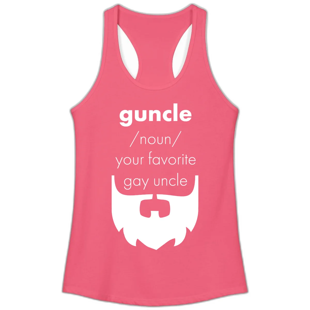Guncle definition design: white bearded shield badge on gray background with text defining guncle as your favorite gay uncle in Hot Pink