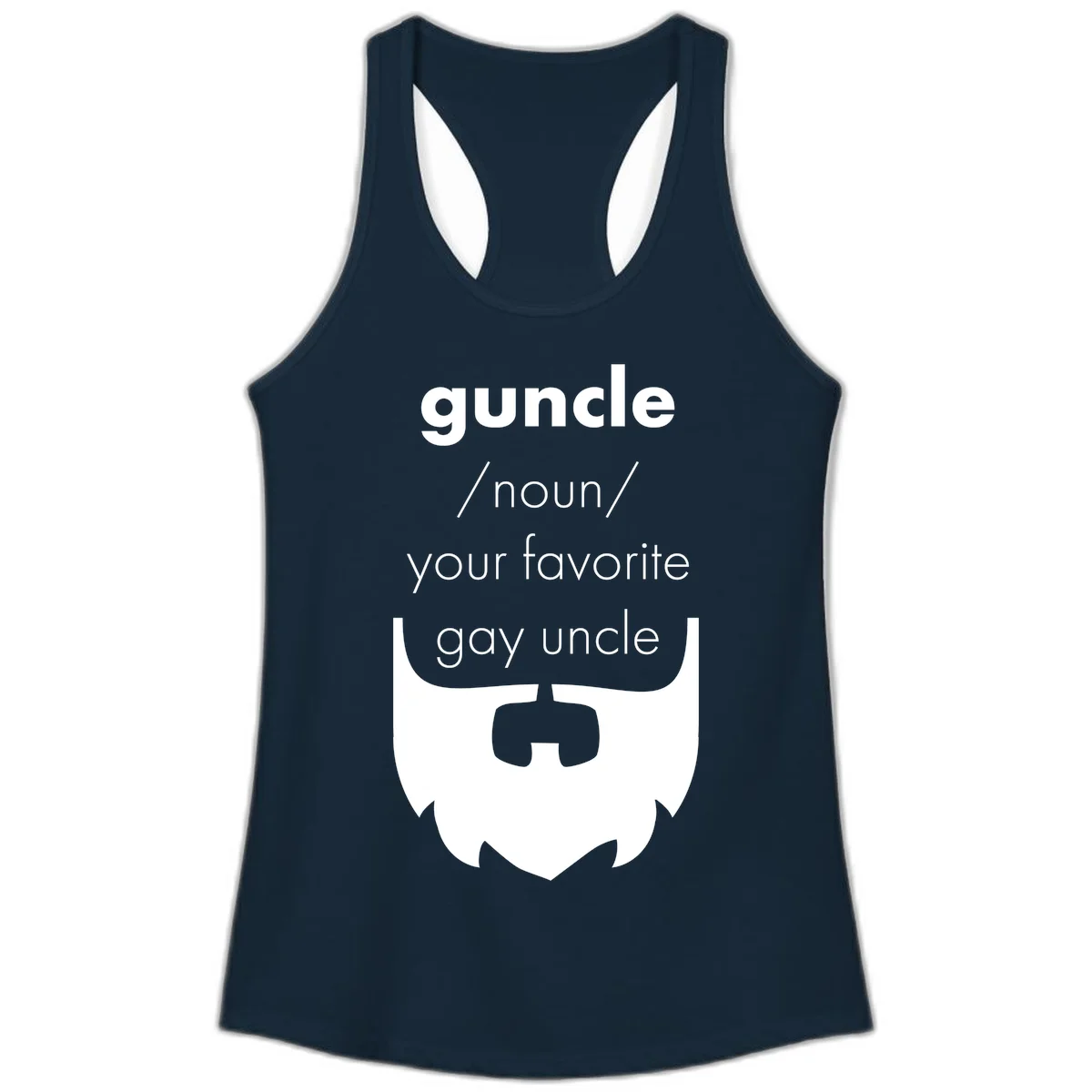 Guncle definition design: white bearded shield badge on gray background with text defining guncle as your favorite gay uncle in Solid Midnight Navy