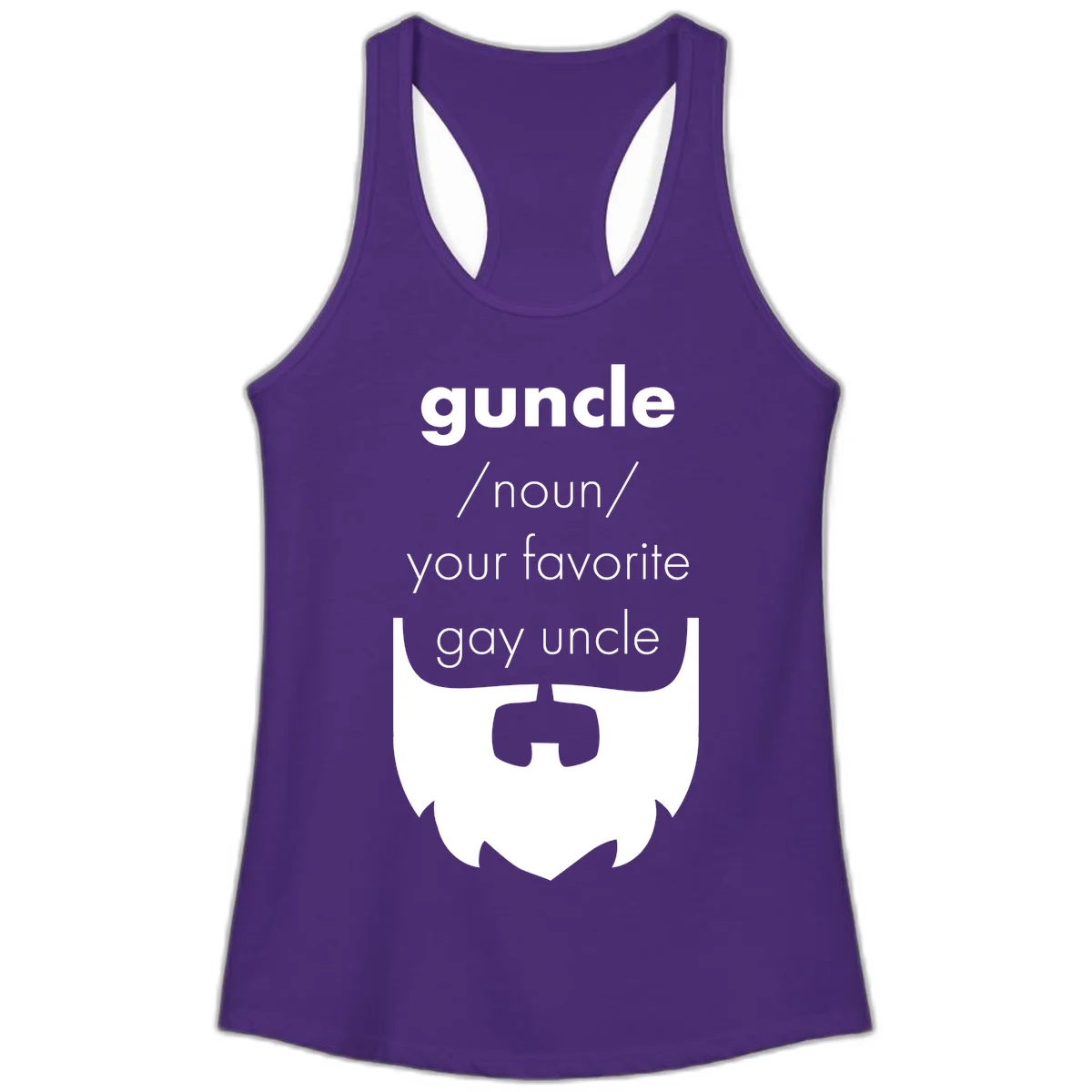 Guncle definition design: white bearded shield badge on gray background with text defining guncle as your favorite gay uncle in Solid Purple Rush