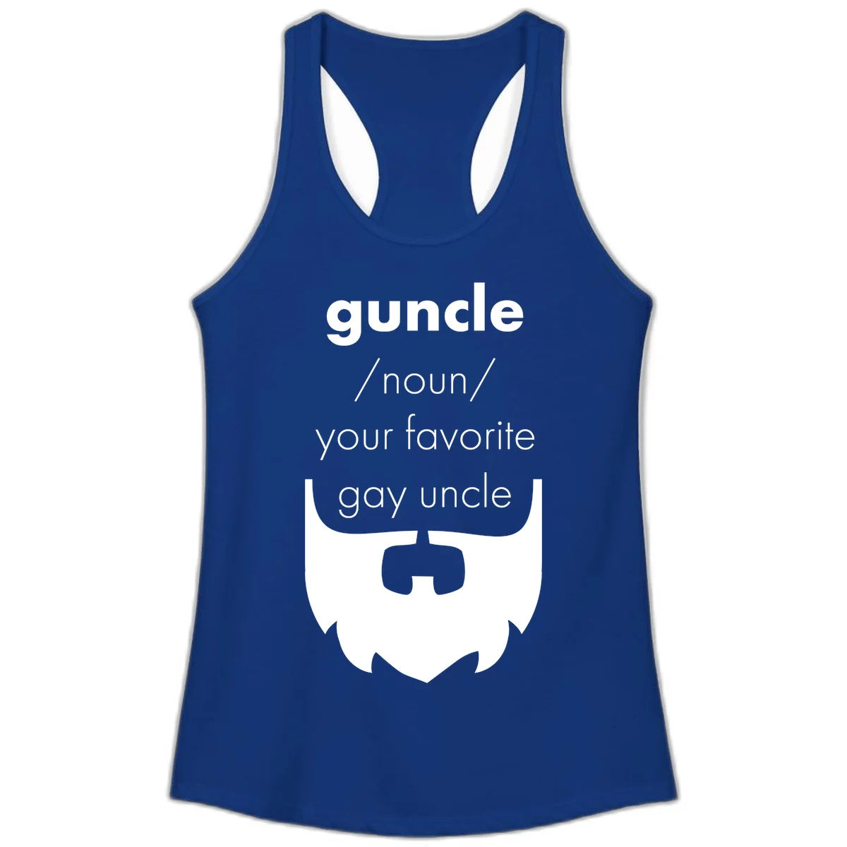 Guncle definition design: white bearded shield badge on gray background with text defining guncle as your favorite gay uncle in Solid Royal