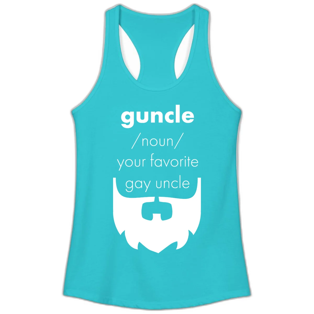 Guncle definition design: white bearded shield badge on gray background with text defining guncle as your favorite gay uncle in Solid Tahiti Blue