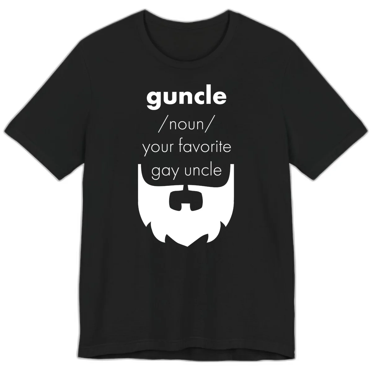Guncle definition design: white bearded shield badge on gray background with text defining guncle as your favorite gay uncle in Black