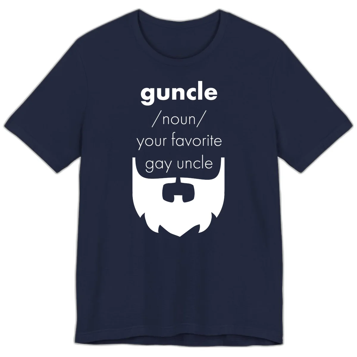 Guncle definition design: white bearded shield badge on gray background with text defining guncle as your favorite gay uncle in Navy