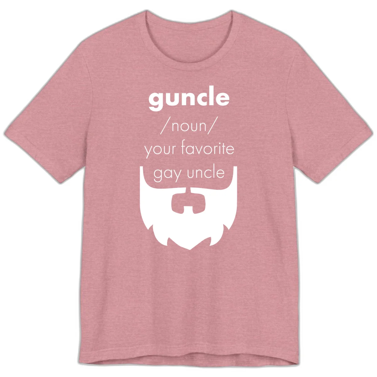 Guncle definition design: white bearded shield badge on gray background with text defining guncle as your favorite gay uncle in Heather Orchid