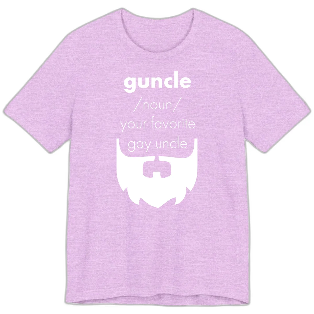 Guncle definition design: white bearded shield badge on gray background with text defining guncle as your favorite gay uncle in Heather Prism Lilac