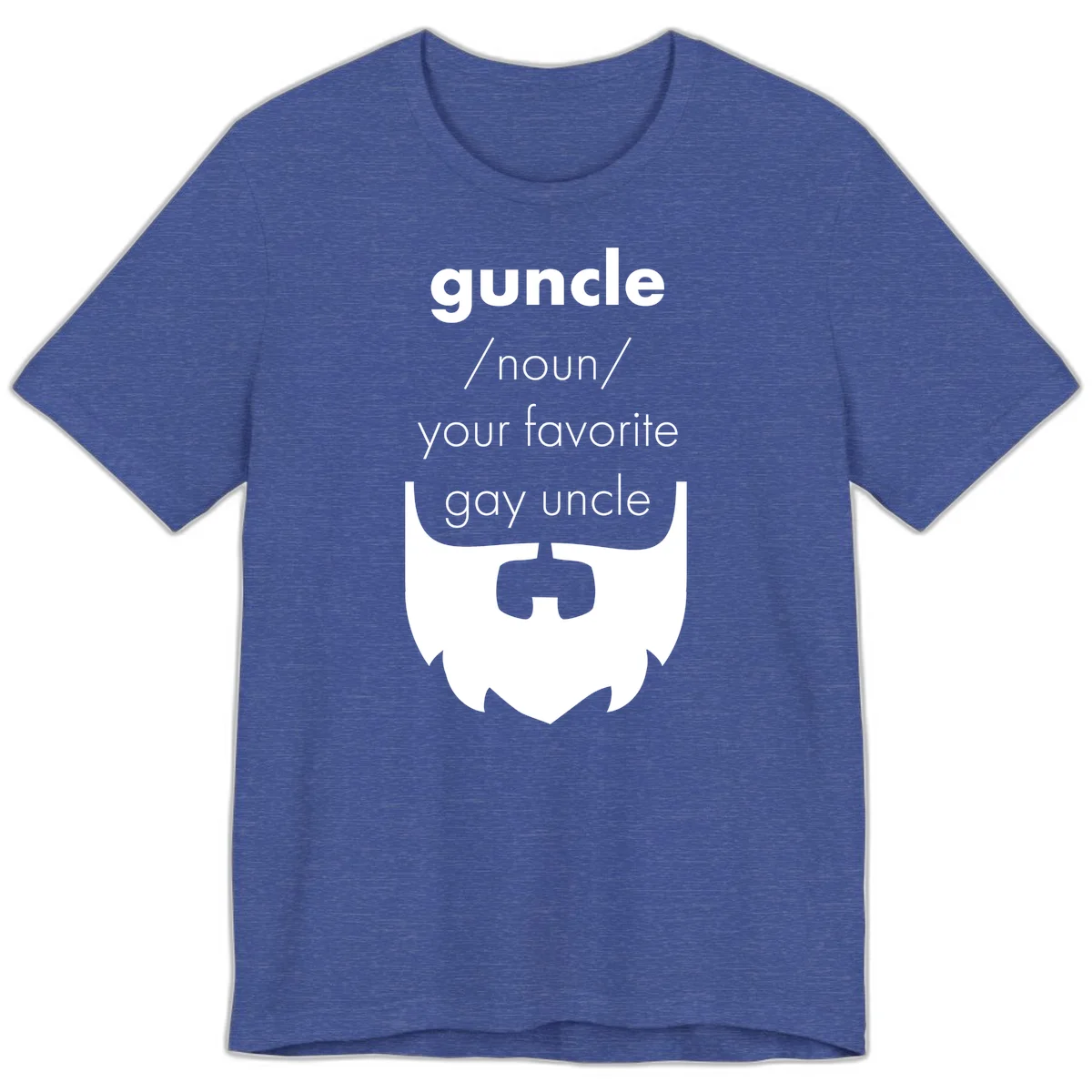 Guncle definition design: white bearded shield badge on gray background with text defining guncle as your favorite gay uncle in Heather True Royal
