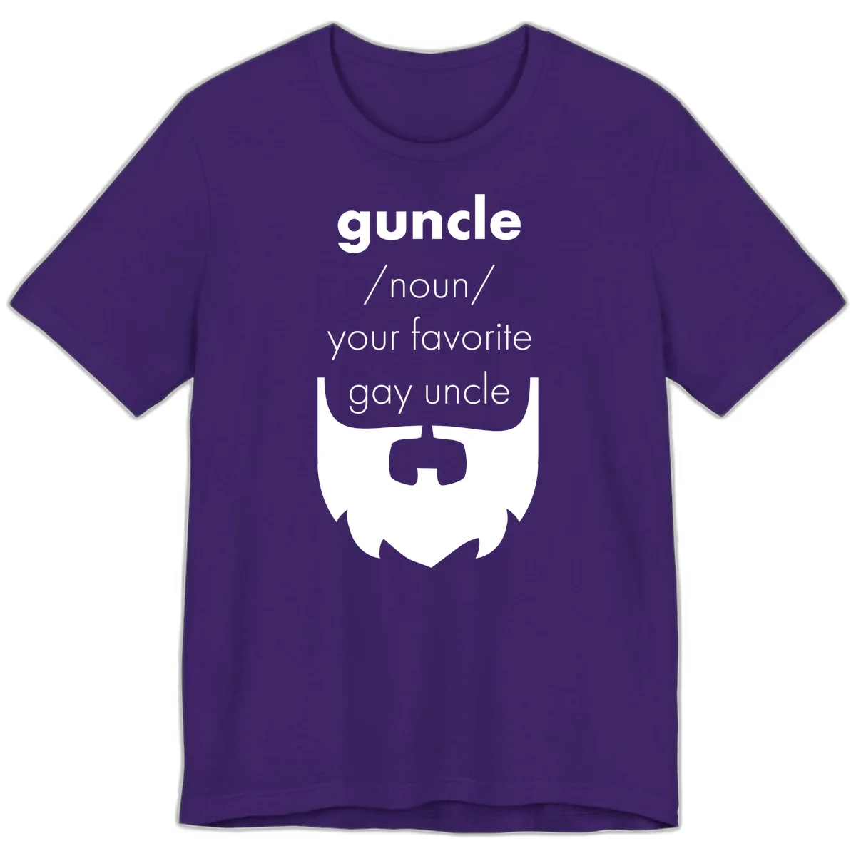 Guncle definition design: white bearded shield badge on gray background with text defining guncle as your favorite gay uncle in Team Purple