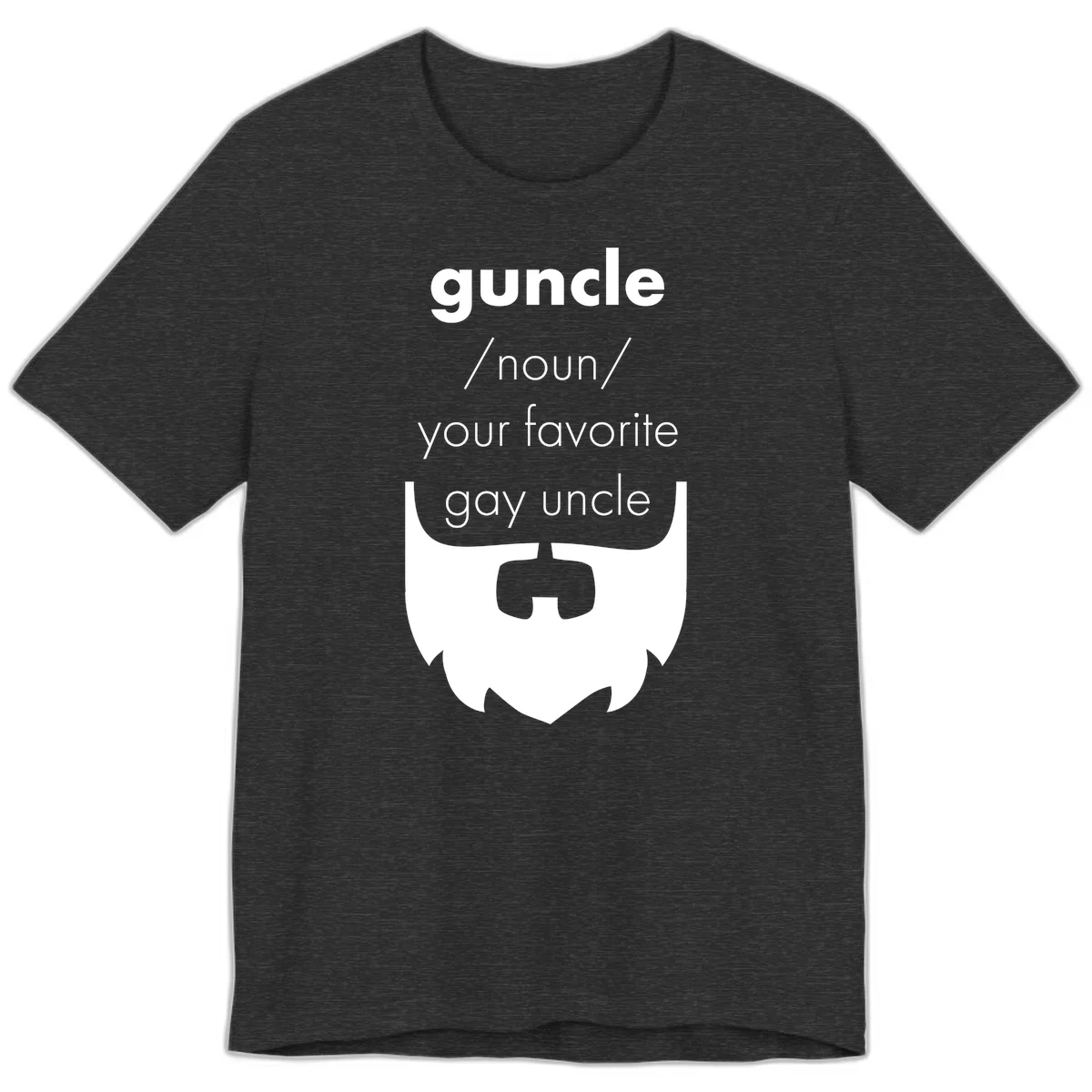 Guncle definition design: white bearded shield badge on gray background with text defining guncle as your favorite gay uncle in Dark Grey Heather
