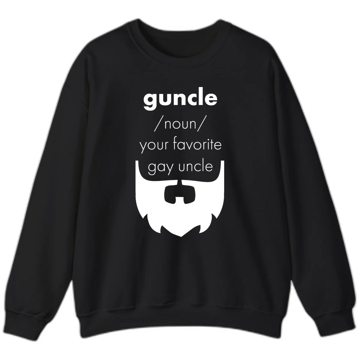 Guncle definition design: white bearded shield badge on gray background with text defining guncle as your favorite gay uncle in Black