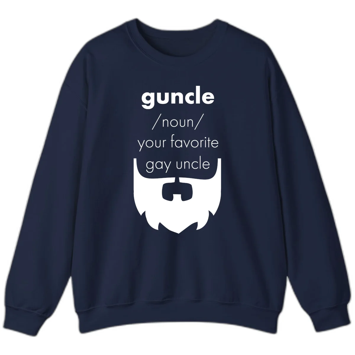 Guncle definition design: white bearded shield badge on gray background with text defining guncle as your favorite gay uncle in Navy