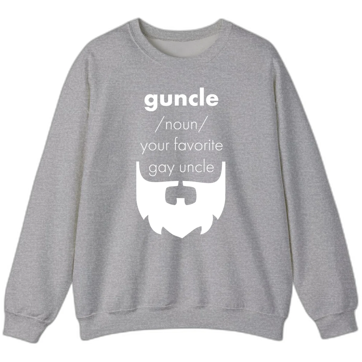 Guncle definition design: white bearded shield badge on gray background with text defining guncle as your favorite gay uncle in Sport Grey