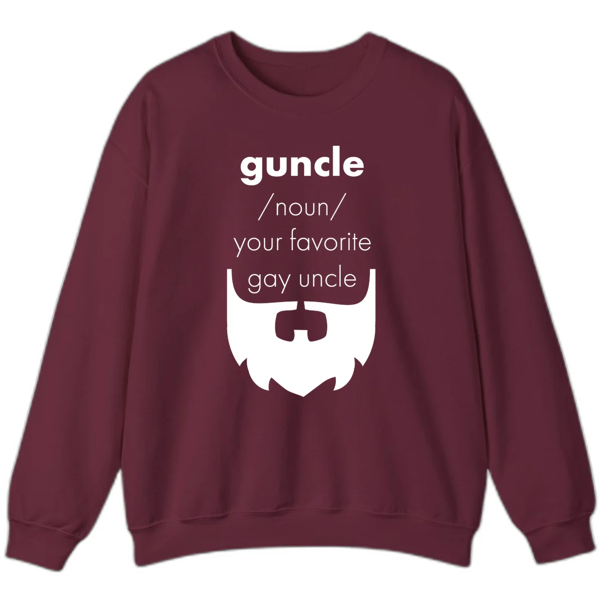 Guncle definition design: white bearded shield badge on gray background with text defining guncle as your favorite gay uncle in Maroon