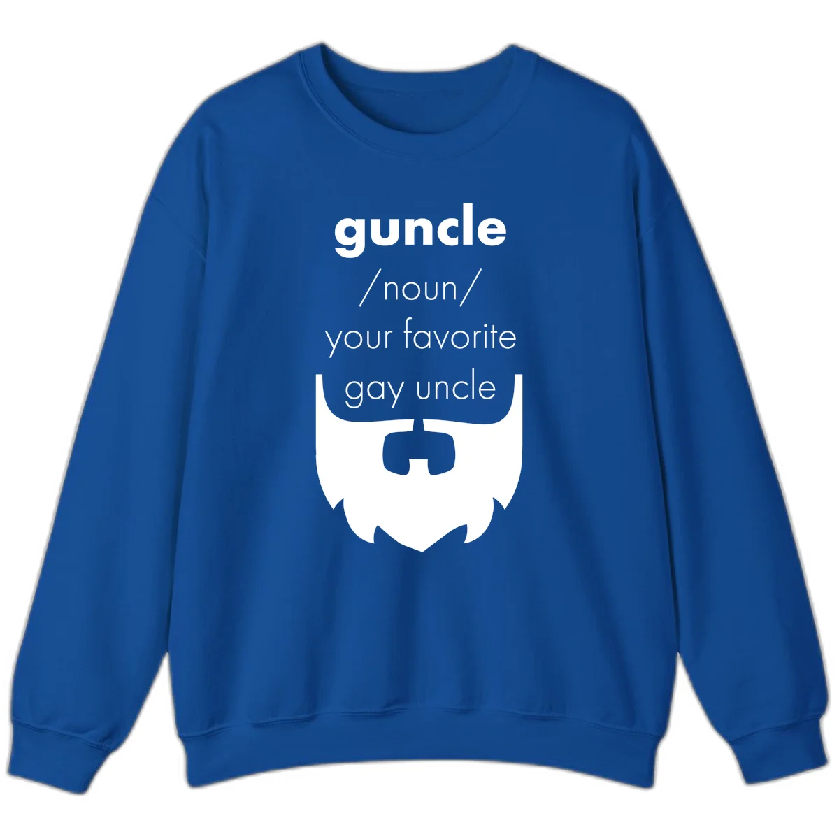 Guncle definition design: white bearded shield badge on gray background with text defining guncle as your favorite gay uncle in Royal