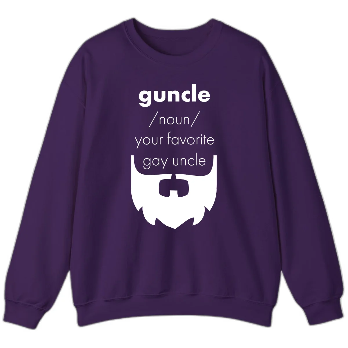 Guncle definition design: white bearded shield badge on gray background with text defining guncle as your favorite gay uncle in Purple