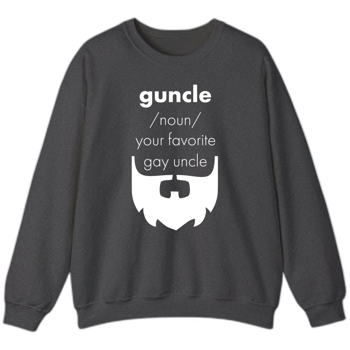 Guncle definition design: white bearded shield badge on gray background with text defining guncle as your favorite gay uncle in Dark Heather
