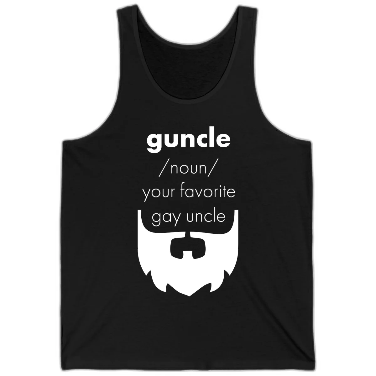 Guncle definition design: white bearded shield badge on gray background with text defining guncle as your favorite gay uncle in Black