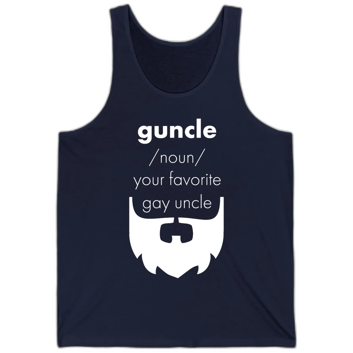 Guncle definition design: white bearded shield badge on gray background with text defining guncle as your favorite gay uncle in Navy