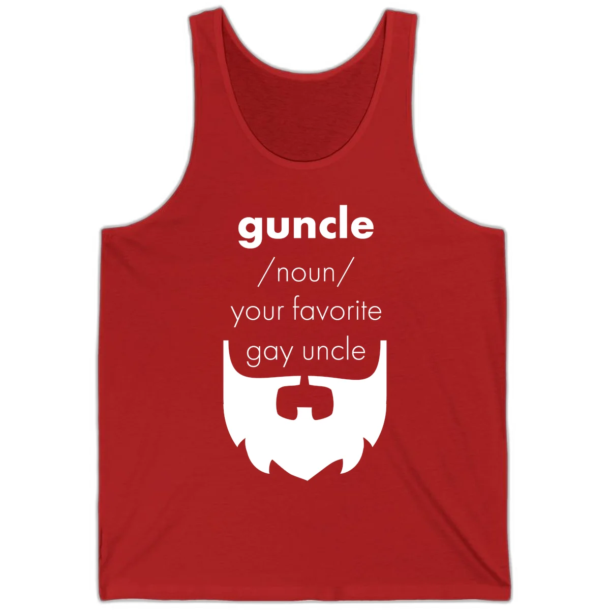 Guncle definition design: white bearded shield badge on gray background with text defining guncle as your favorite gay uncle in Red