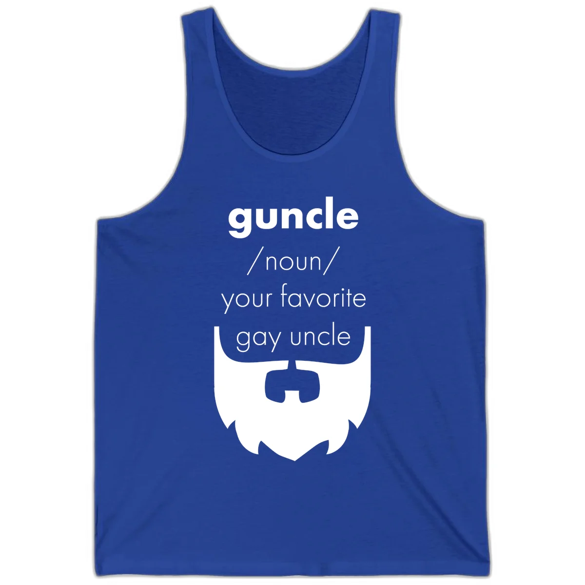 Guncle definition design: white bearded shield badge on gray background with text defining guncle as your favorite gay uncle in True Royal