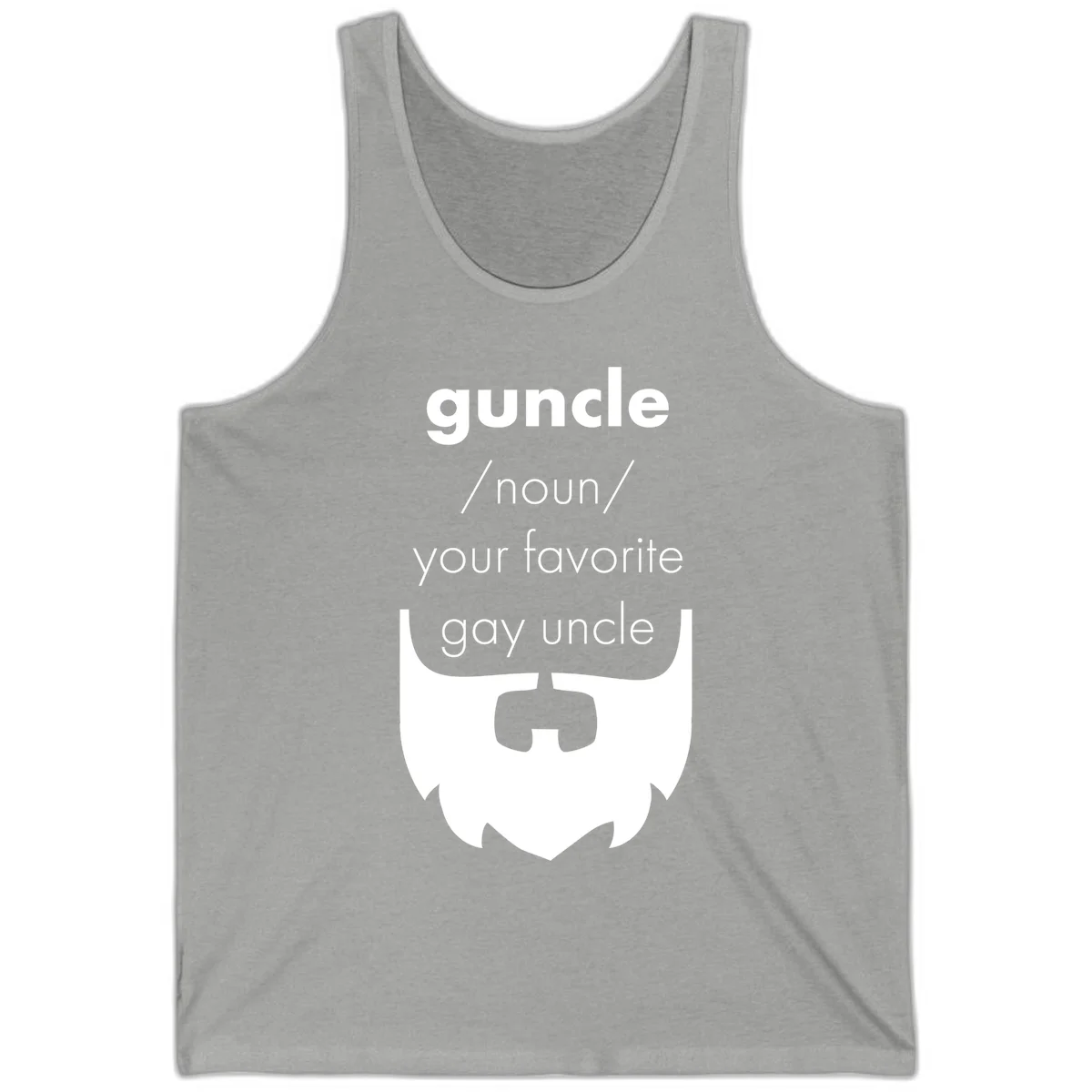 Guncle definition design: white bearded shield badge on gray background with text defining guncle as your favorite gay uncle in Athletic Heather