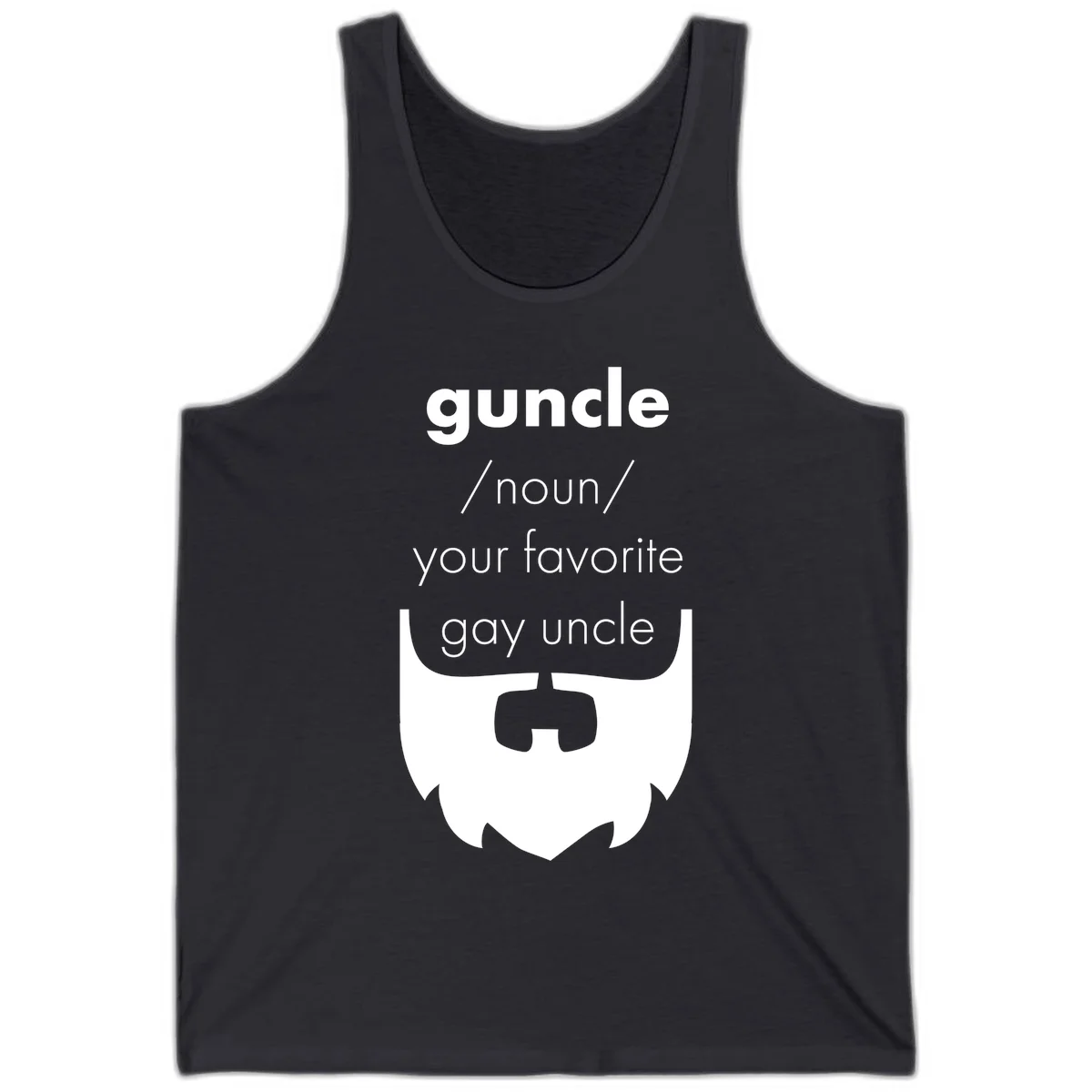 Guncle definition design: white bearded shield badge on gray background with text defining guncle as your favorite gay uncle in Dark Grey
