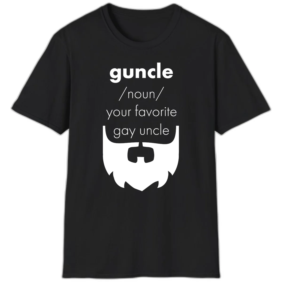 Guncle definition design: white bearded shield badge on gray background with text defining guncle as your favorite gay uncle in Black