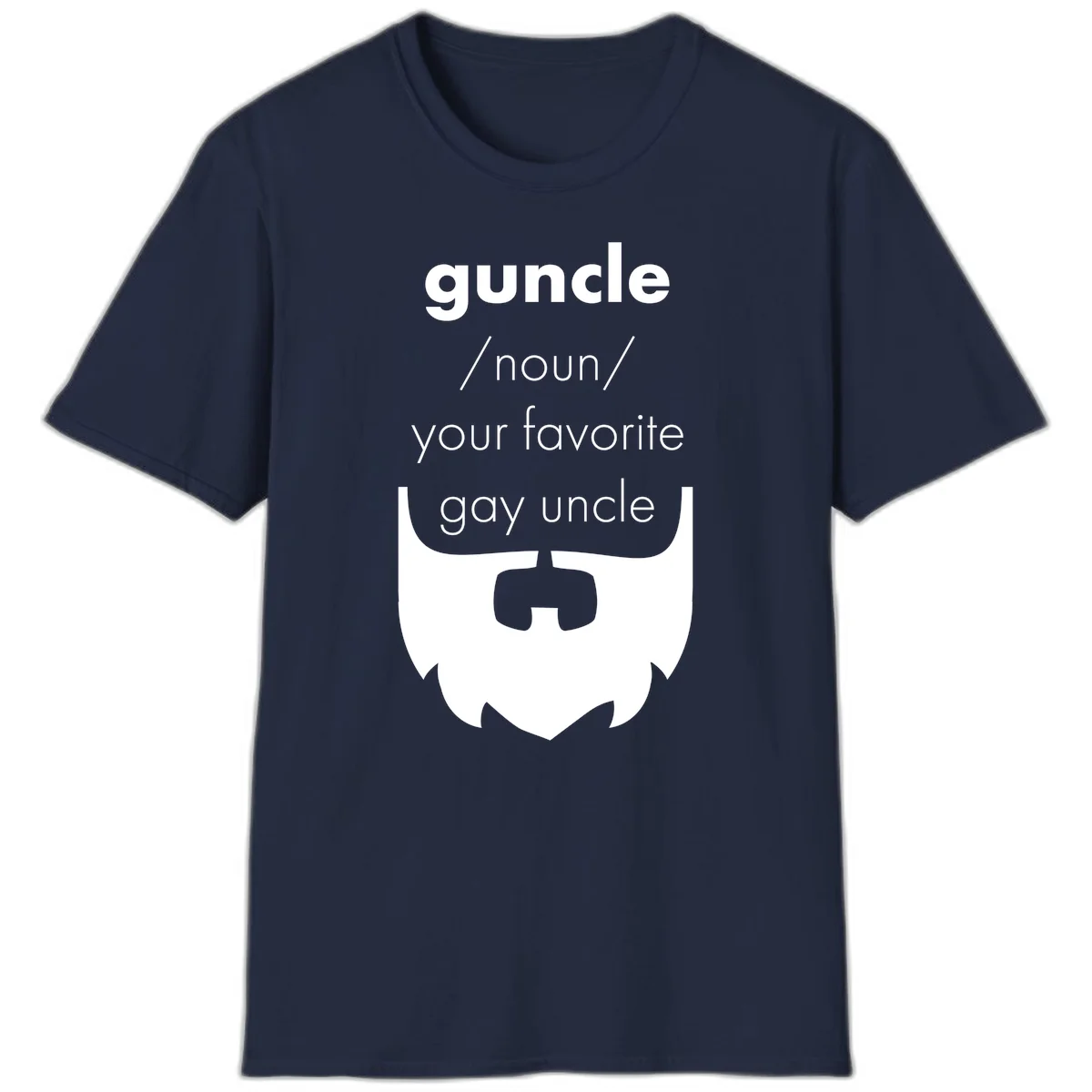 Guncle definition design: white bearded shield badge on gray background with text defining guncle as your favorite gay uncle in Navy