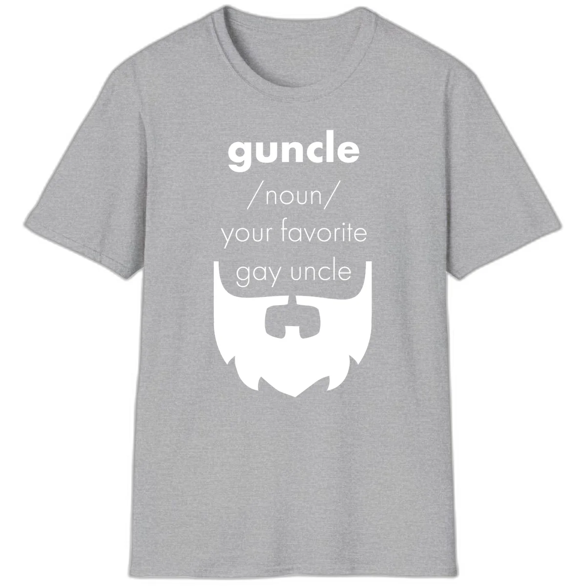 Guncle definition design: white bearded shield badge on gray background with text defining guncle as your favorite gay uncle in Sport Grey