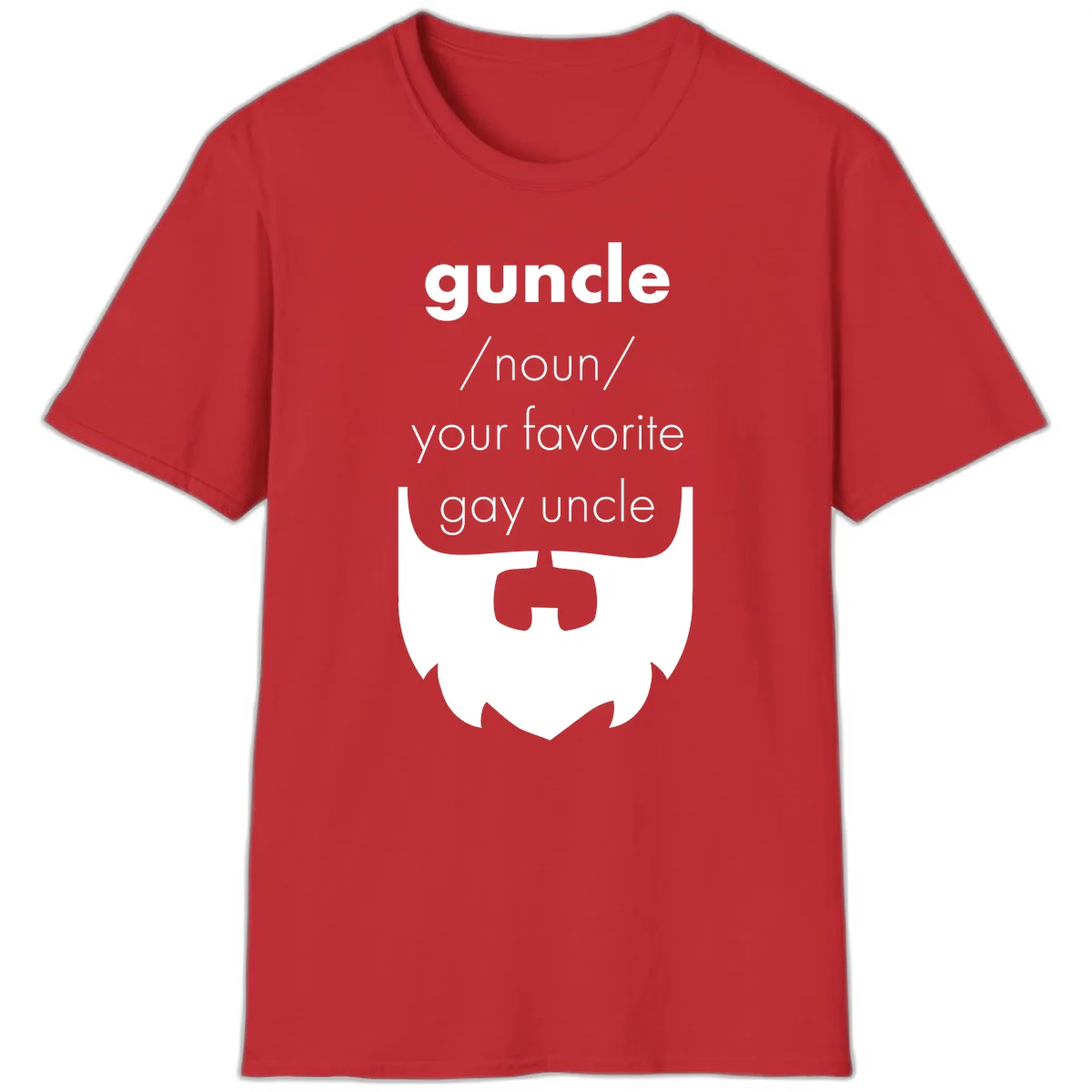 Guncle definition design: white bearded shield badge on gray background with text defining guncle as your favorite gay uncle in Red