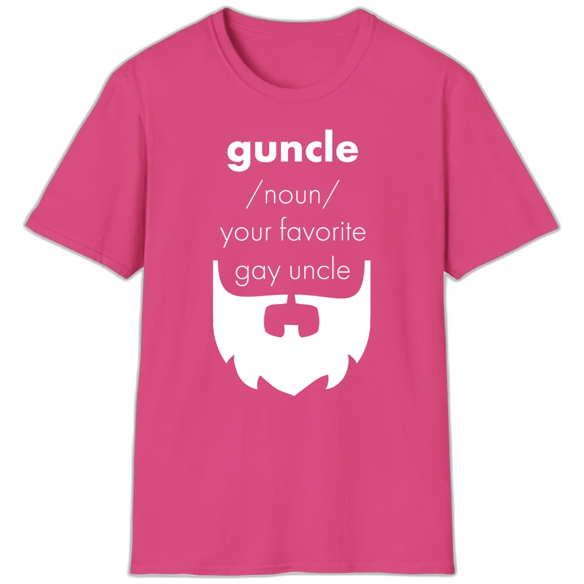Guncle definition design: white bearded shield badge on gray background with text defining guncle as your favorite gay uncle in Heliconia