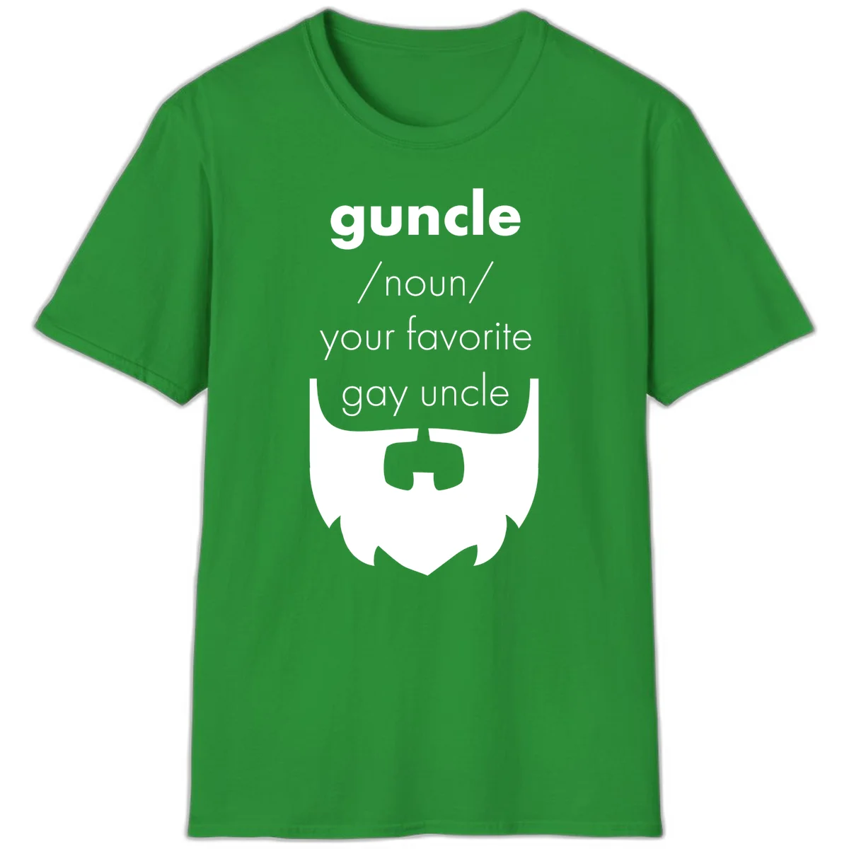 Guncle definition design: white bearded shield badge on gray background with text defining guncle as your favorite gay uncle in Irish Green