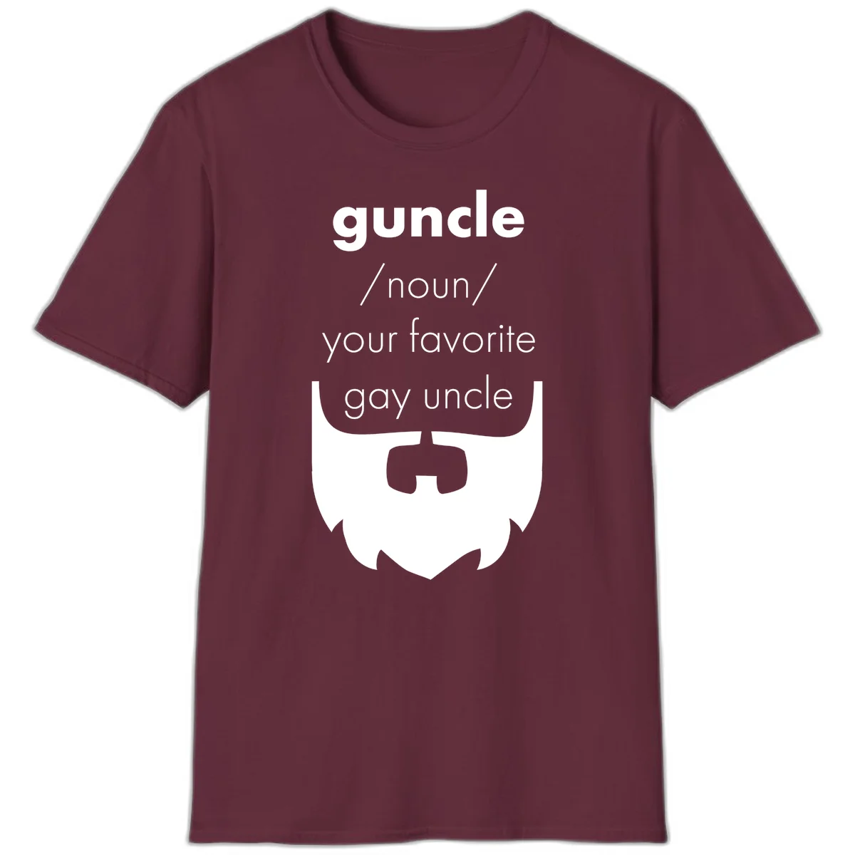 Guncle definition design: white bearded shield badge on gray background with text defining guncle as your favorite gay uncle in Maroon