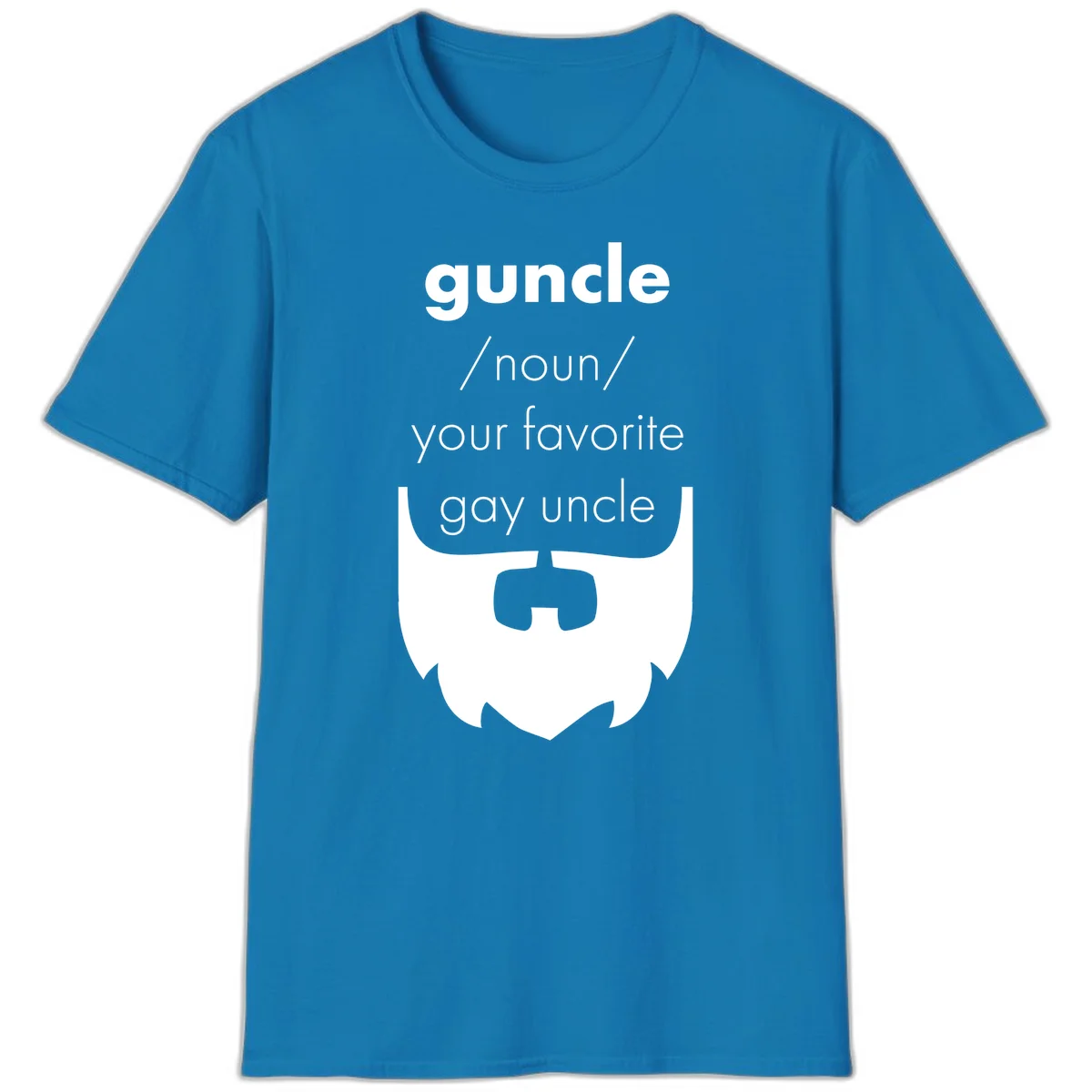 Guncle definition design: white bearded shield badge on gray background with text defining guncle as your favorite gay uncle in Sapphire