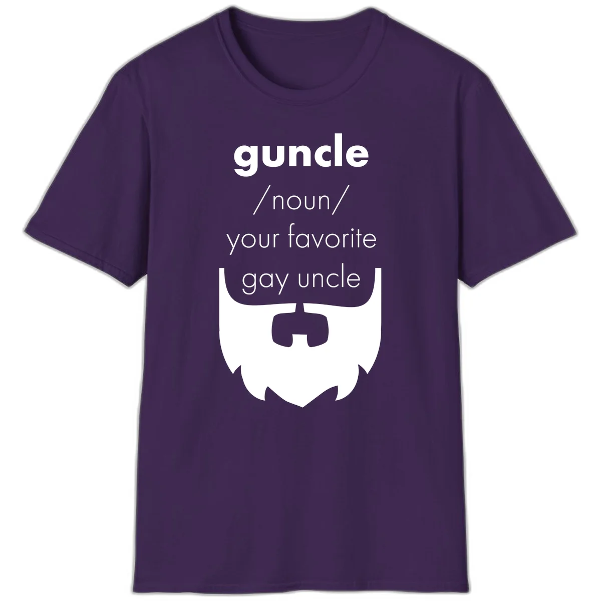 Guncle definition design: white bearded shield badge on gray background with text defining guncle as your favorite gay uncle in Purple