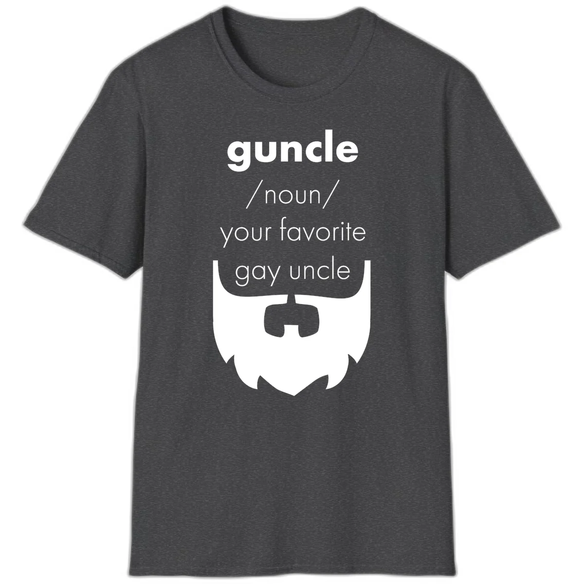 Guncle definition design: white bearded shield badge on gray background with text defining guncle as your favorite gay uncle in Dark Heather