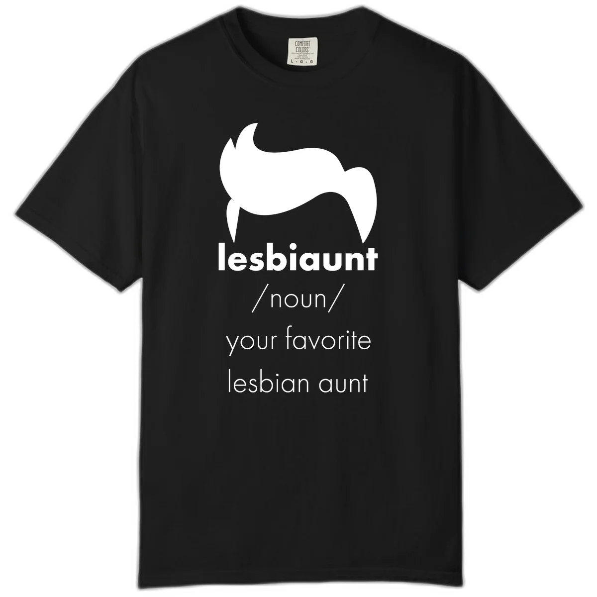 Lesbiaunt design featuring stylized hair silhouette with definition text celebrating lesbian aunts in Black