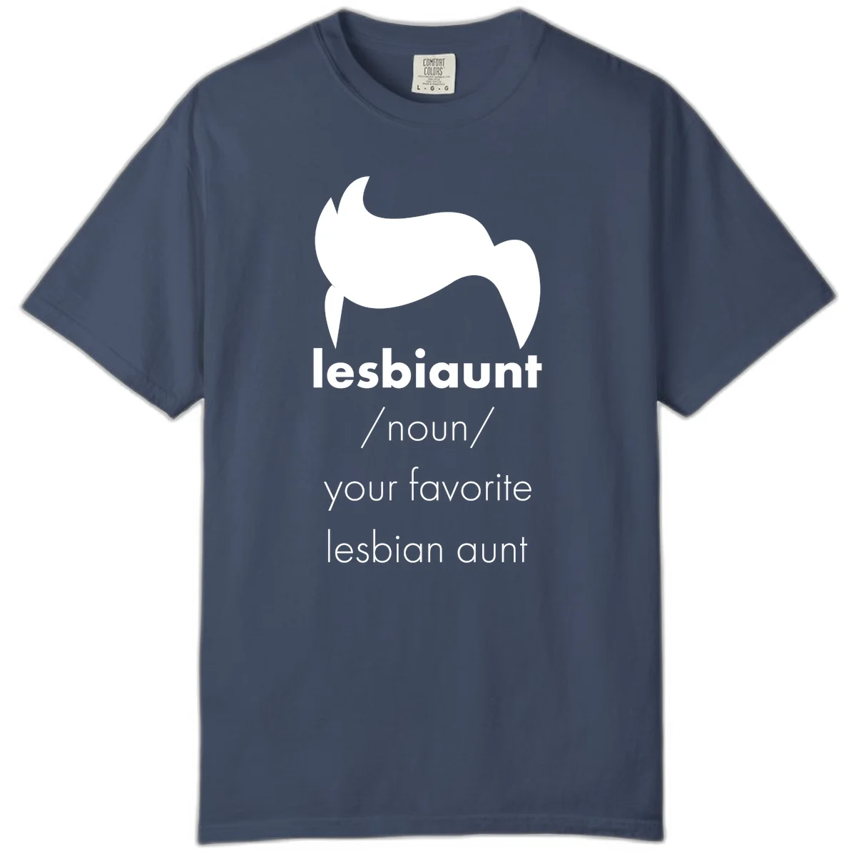 Lesbiaunt design featuring stylized hair silhouette with definition text celebrating lesbian aunts in Midnight