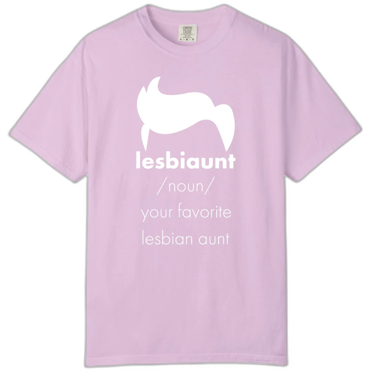 Lesbiaunt design featuring stylized hair silhouette with definition text celebrating lesbian aunts in Orchid