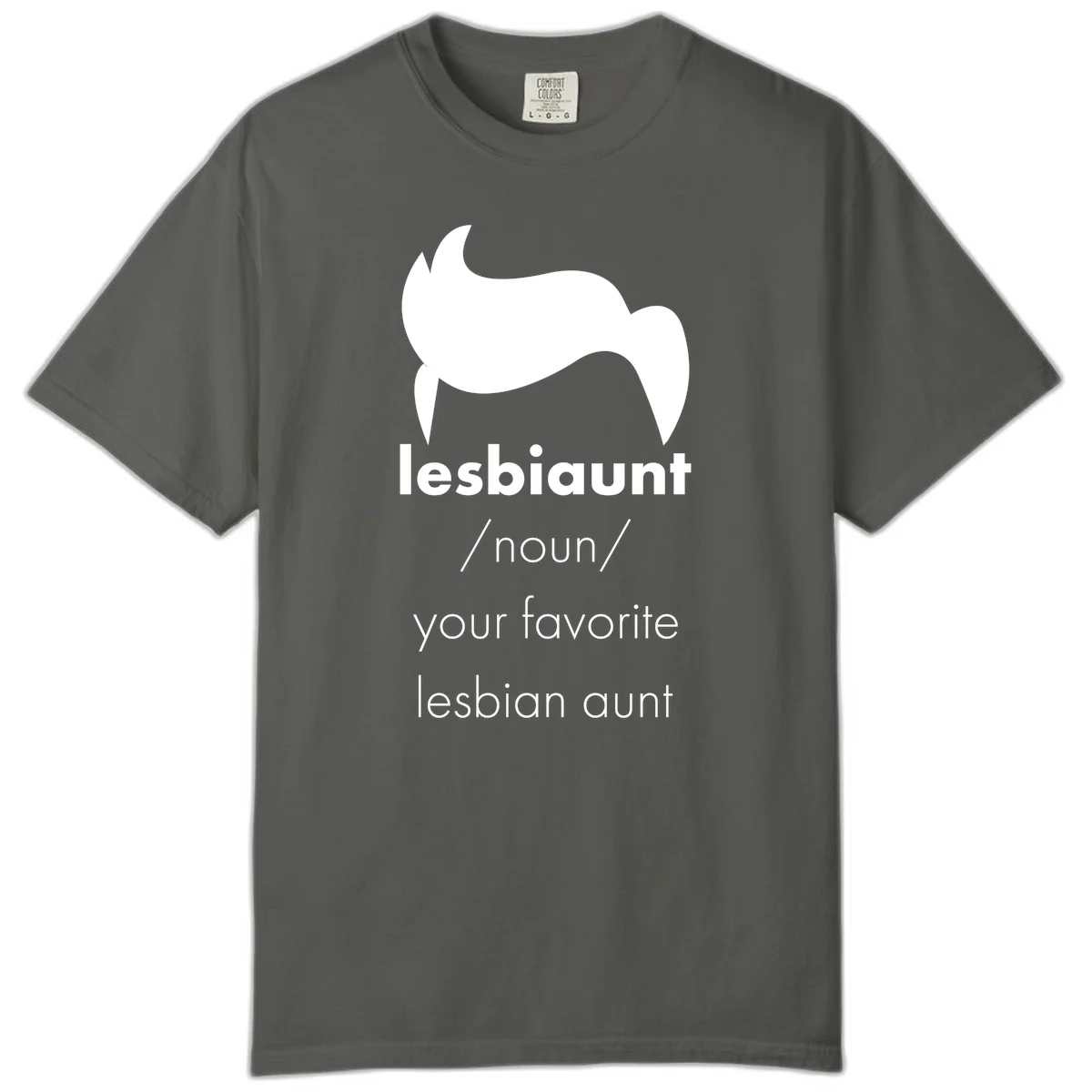 Lesbiaunt design featuring stylized hair silhouette with definition text celebrating lesbian aunts in Pepper
