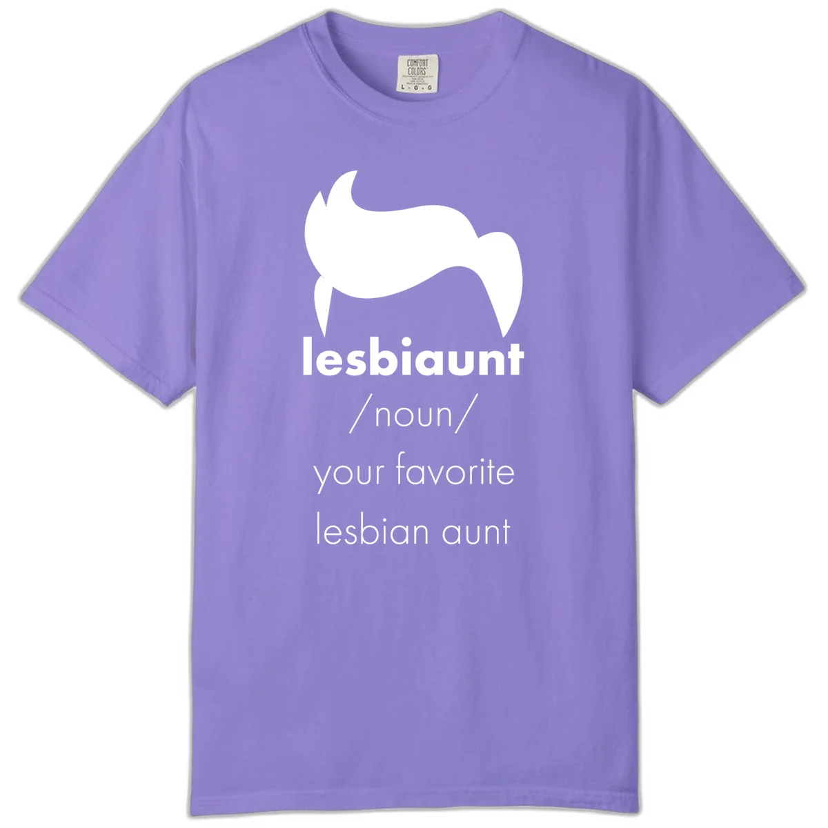 Lesbiaunt design featuring stylized hair silhouette with definition text celebrating lesbian aunts in Violet