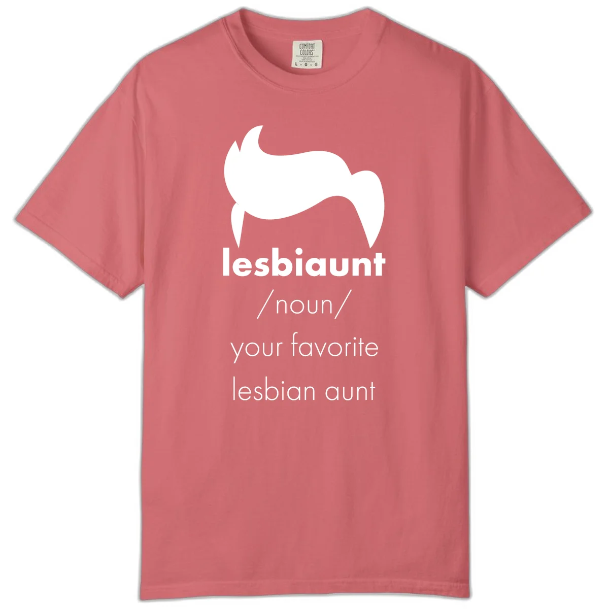 Lesbiaunt design featuring stylized hair silhouette with definition text celebrating lesbian aunts in Watermelon