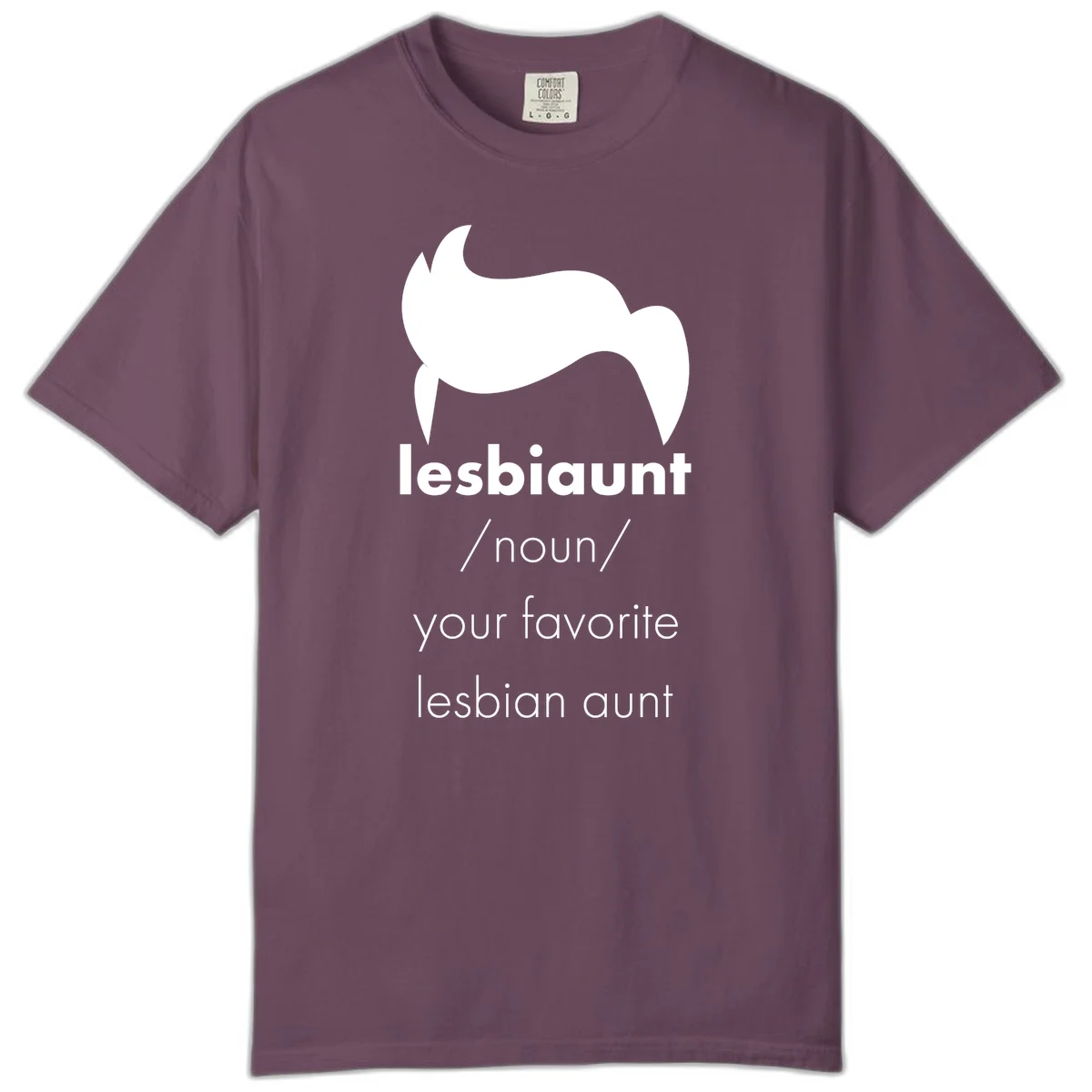 Lesbiaunt design featuring stylized hair silhouette with definition text celebrating lesbian aunts in Berry